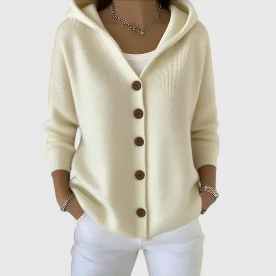 Fashionable women's hooded button-down sweater, a stylish and comfortable outerwear piece for any season.
