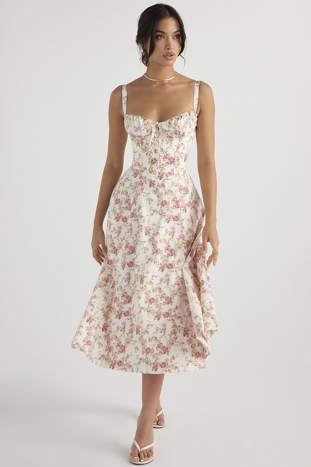 Flattering floral print spring midi dress for women, ideal for elegant party style. Comfortable fit.
