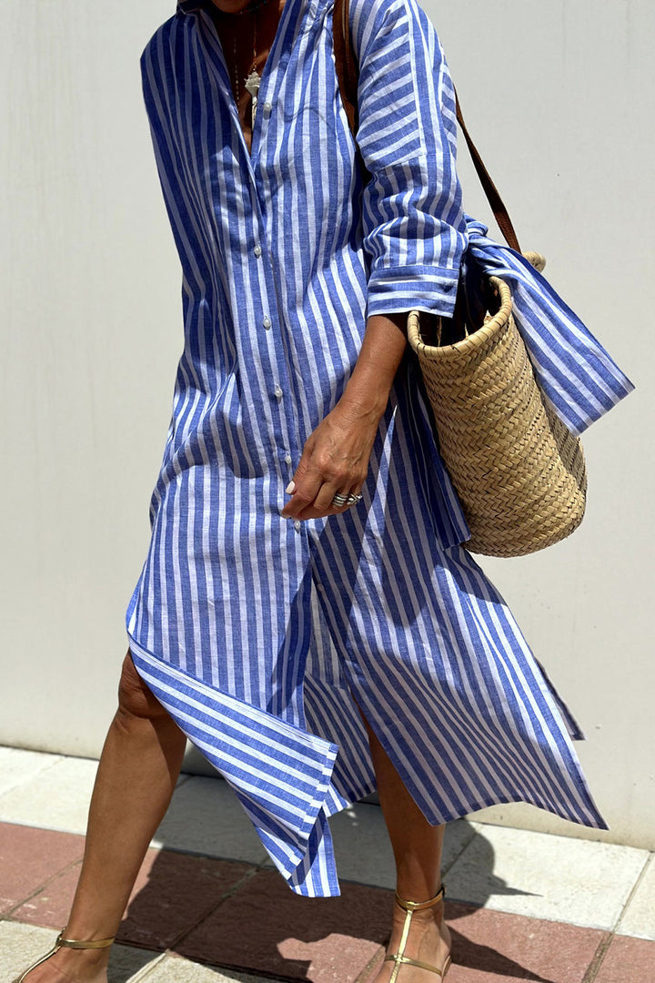 Striped shirt dress for women, ideal for summer comfort and style. Casual day dress, great as beachwear.