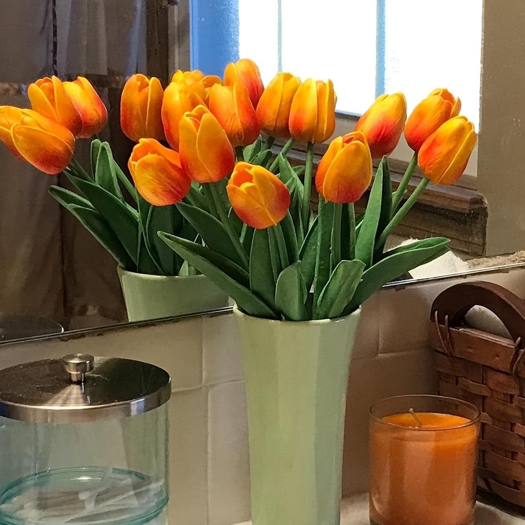 Beautiful white artificial tulips (set of 10) arranged in a vase, ideal for modern home decoration.