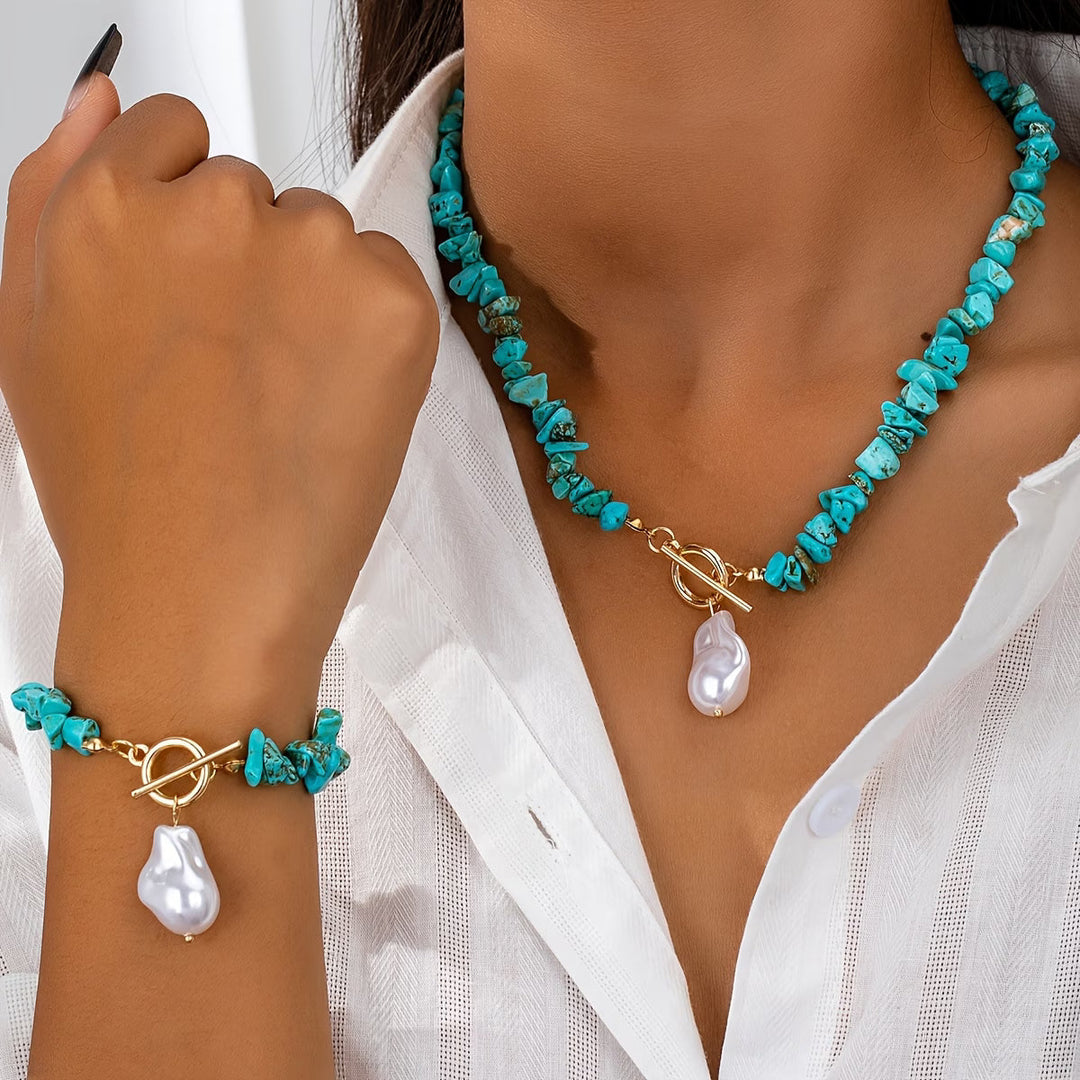 Elegant women's turquoise and pearl jewelry set with matching necklace and bracelet, a perfect fashion accessory.