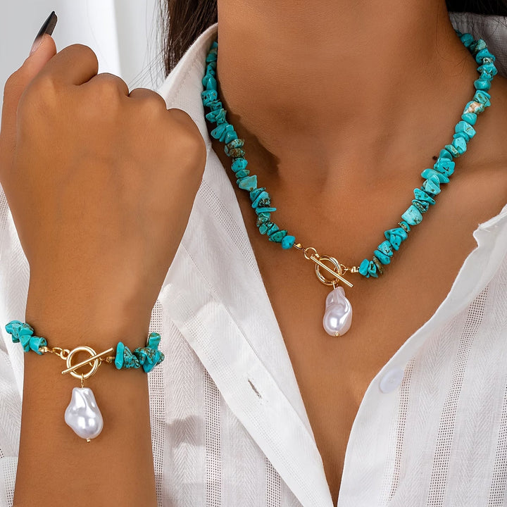 Elegant women's turquoise and pearl jewelry set with matching necklace and bracelet, a perfect fashion accessory.