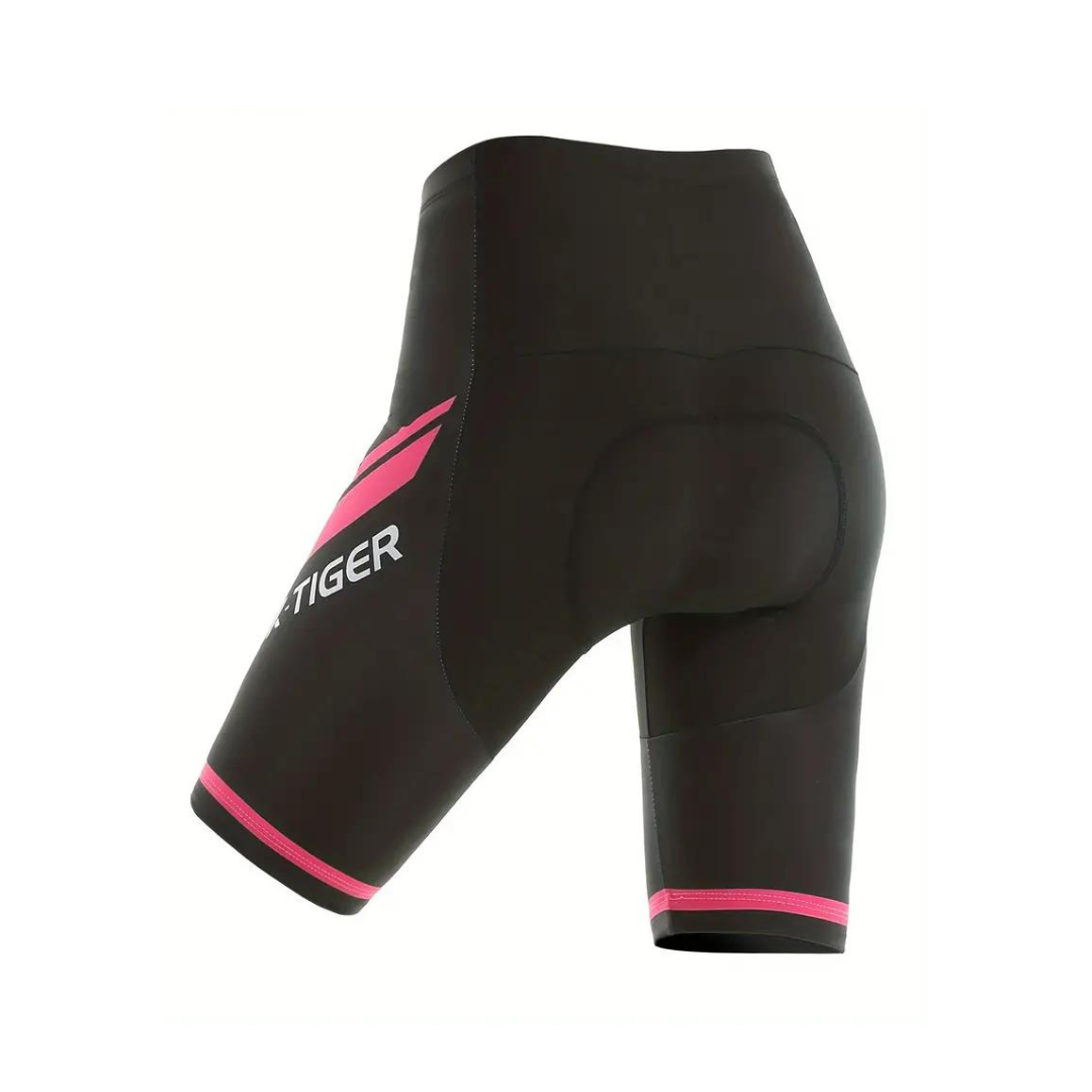 Comfortable women's padded cycling shorts, ideal for long rides, featuring breathable stretch material & soft padding.
