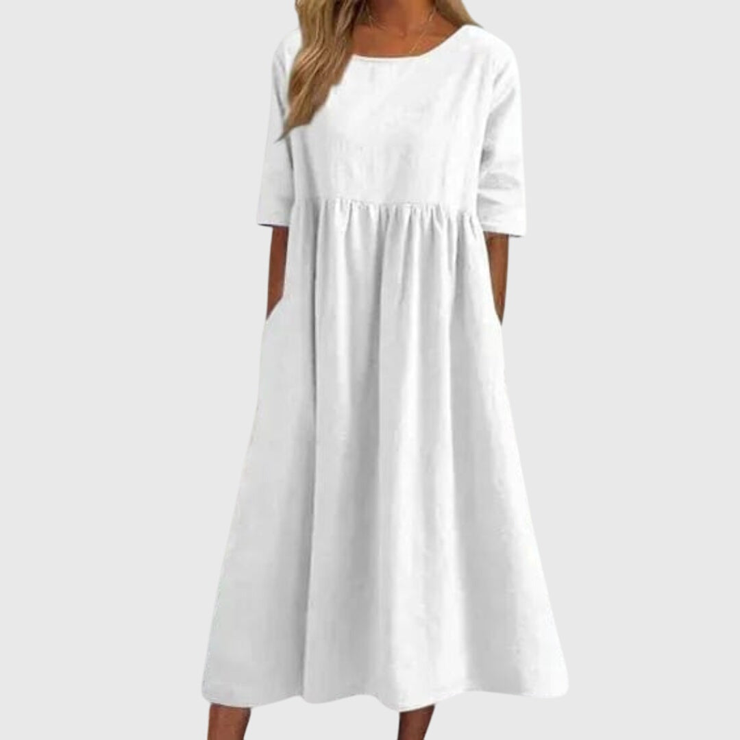 Elegant women's short sleeve midi dress, perfect for versatile day-to-night occasions & summer fashion.