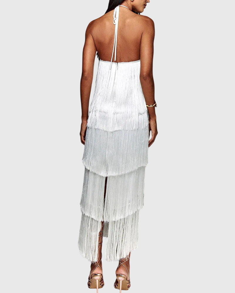 Sophisticated women's elegant halter tassel dress. A chic choice for any special occasion or evening event.