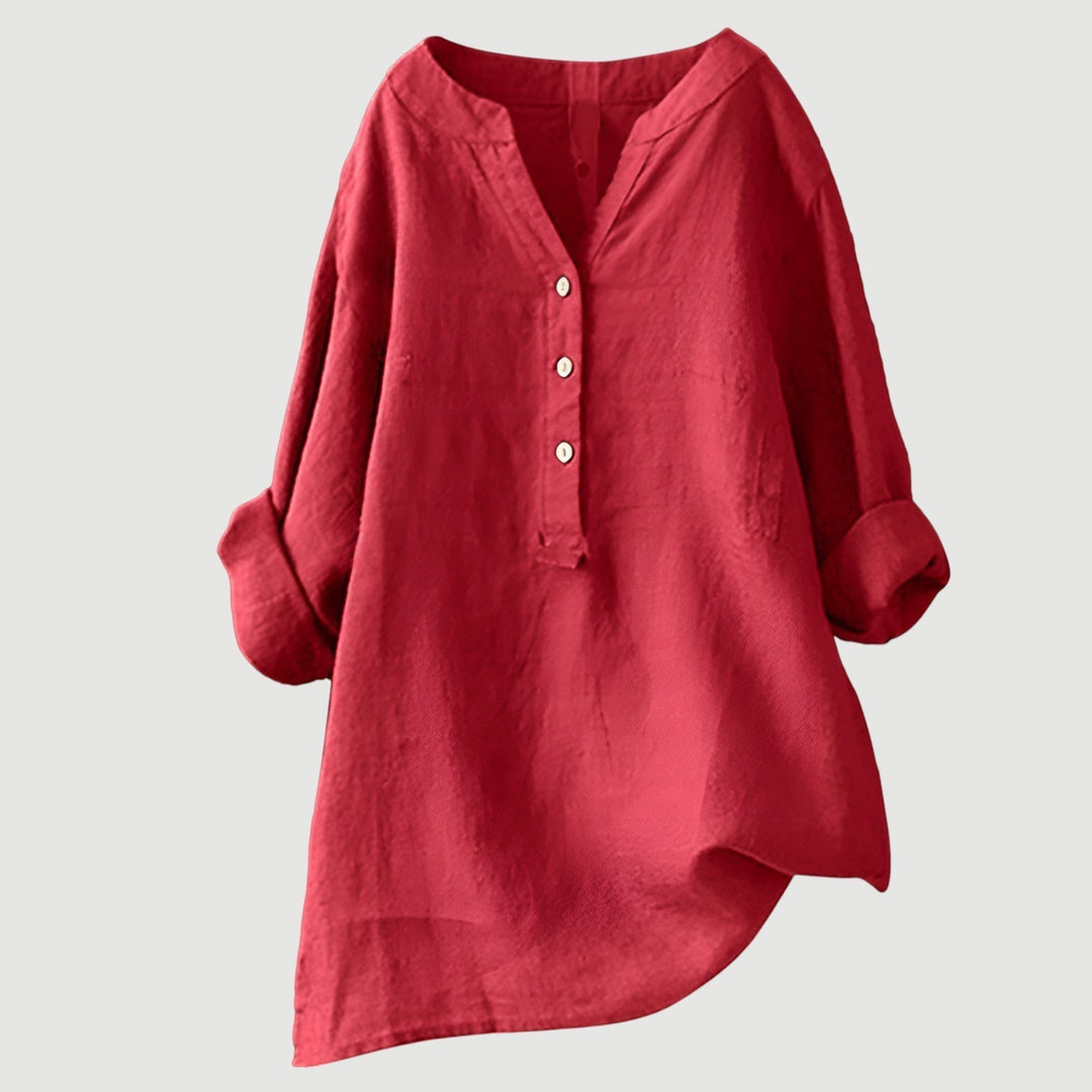 Women's refined V-neck button-down shirt, an elegant casual top for versatile everyday wear.