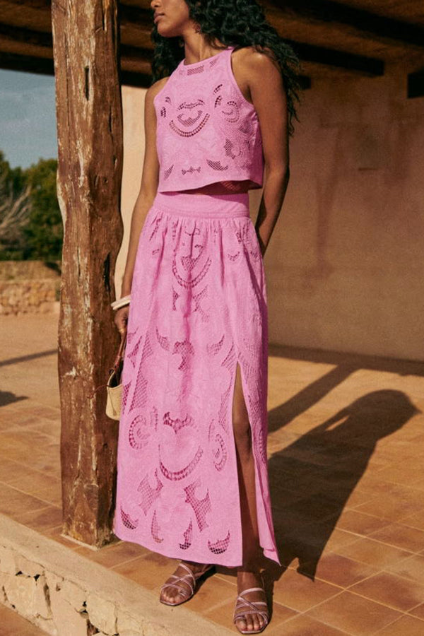 Stylish women's embroidered matching set. Elegant two-piece outfit for resort wear, summer holidays & chic fashion.