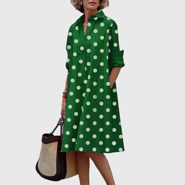 Stylish model posing in a versatile women's dress, perfect for both casual and elegant occasions.