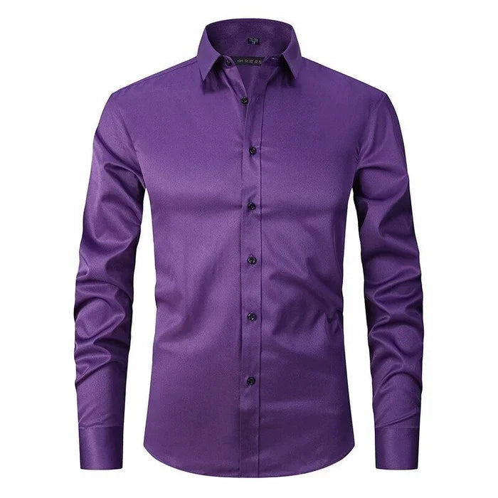 Modern slim-fit wrinkle-resistant dress shirt, enhancing any man's formal or smart casual wardrobe.