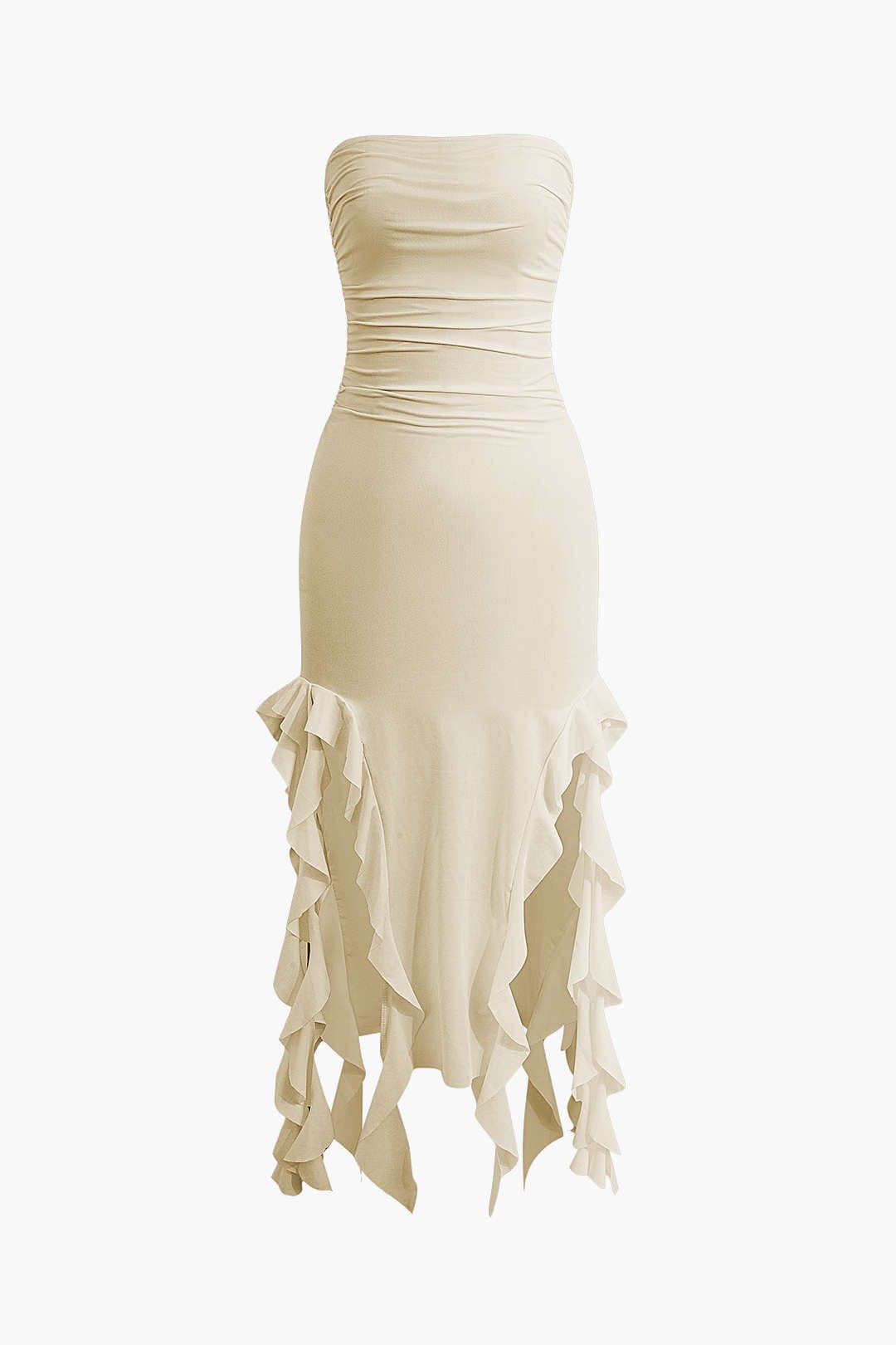 Women's event wear: strapless bodycon midi dress, stunning fringe hem makes a statement.