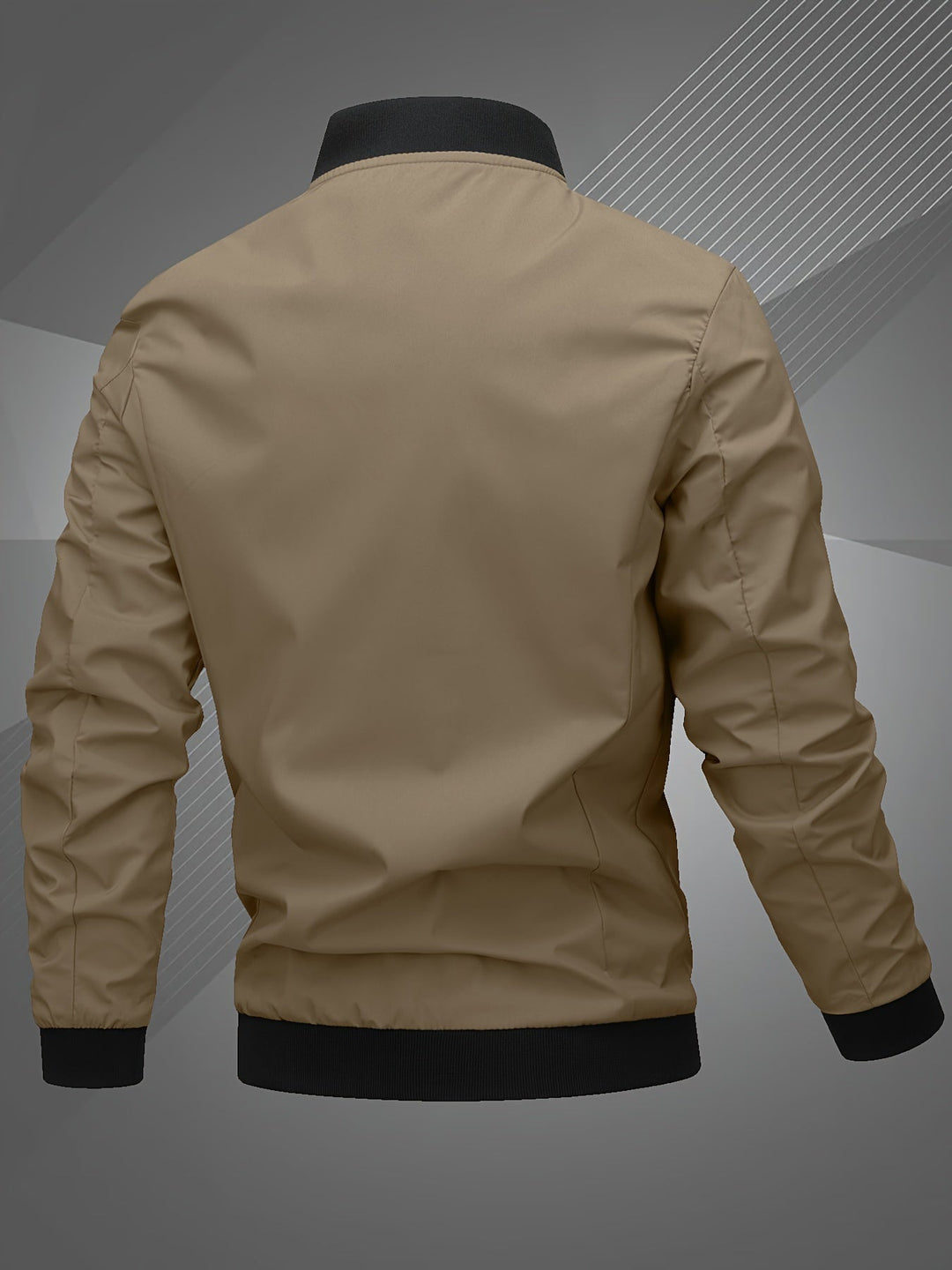 Detail shot of the zip-up closure and subtle logo on a men's versatile bomber jacket.