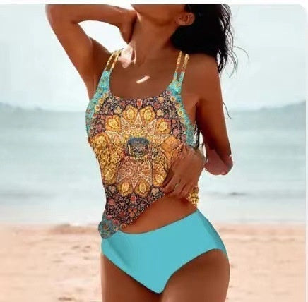 Trendy women's tankini swimsuit with a unique print, perfect for stylish summer comfort and vacation.