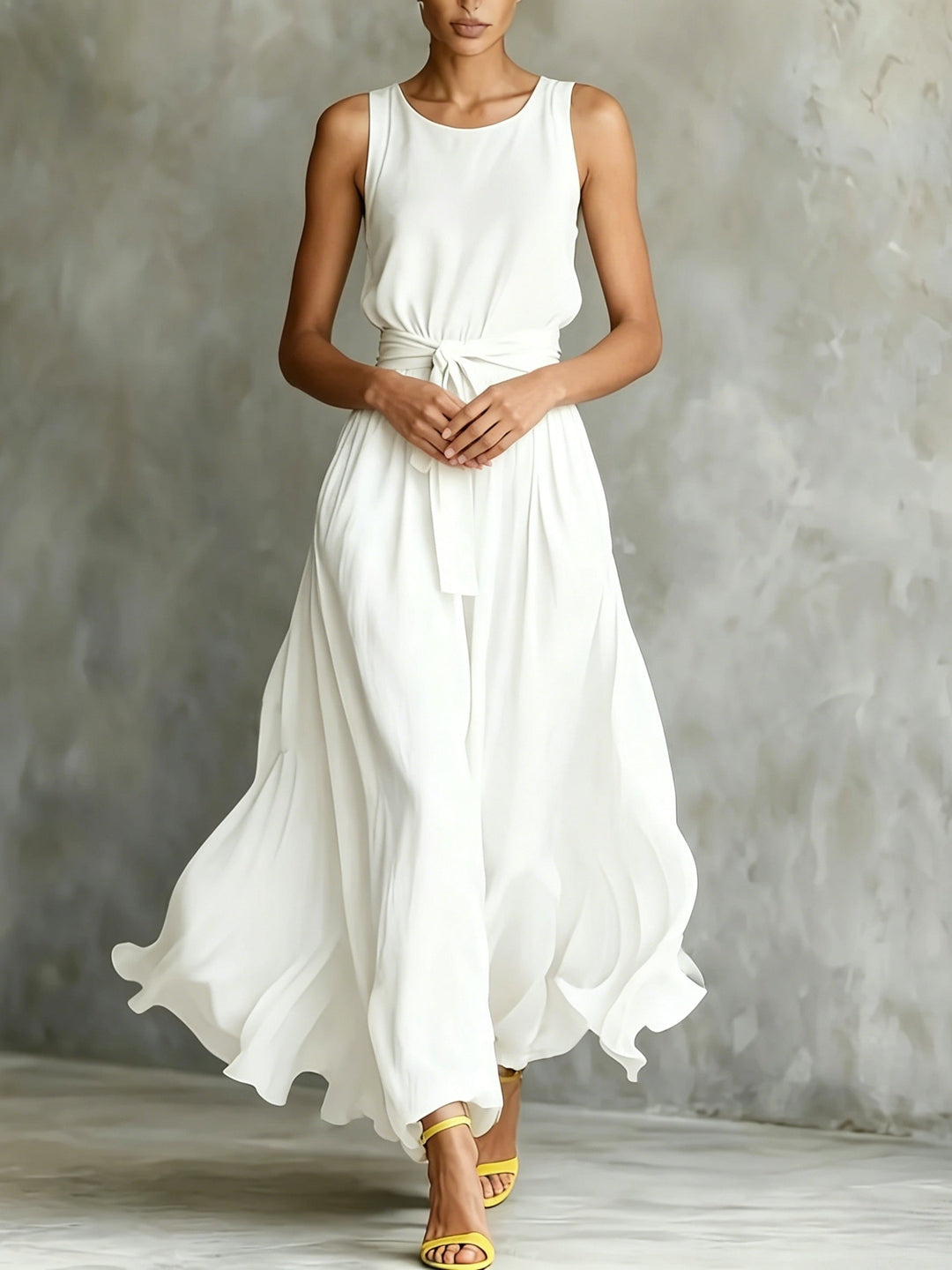 Elegant white sleeveless A-line maxi dress for women, with a flowing skirt and stylish belted waist, perfect for summer.
