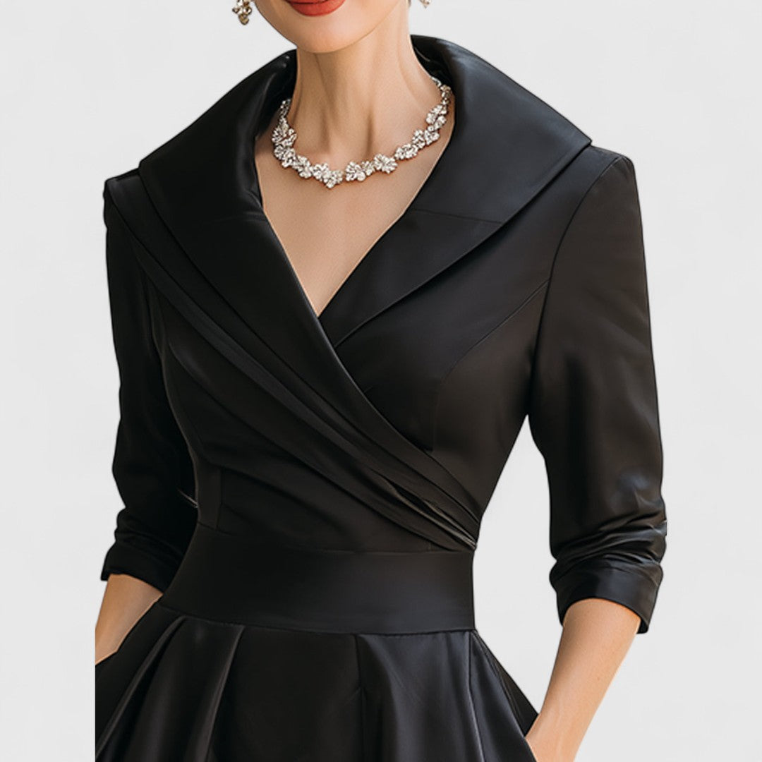 Purple elegant midi dress for women, with a sophisticated V-neck, 3/4 sleeves, and functional pockets.