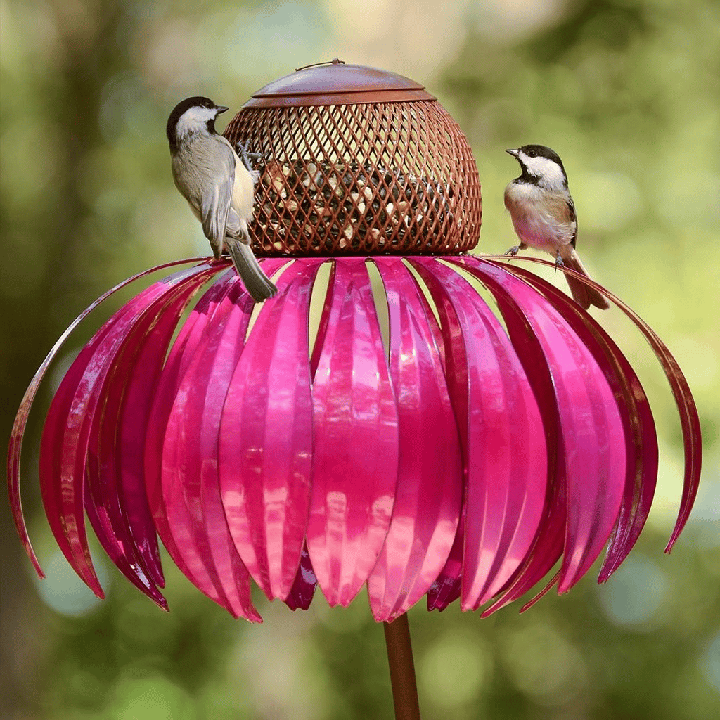 Elegant metal flower bird feeder, durable outdoor garden decor for attracting birds.