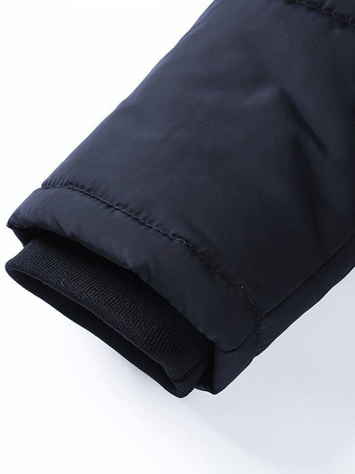 Classic men's hooded quilted puffer jacket, great for cold weather fashion.