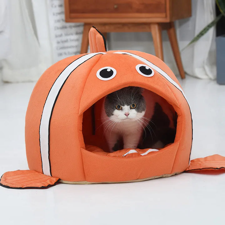 Washable cat bed with unique fish design. A cozy, warm pet cave offering supreme feline comfort and rest.