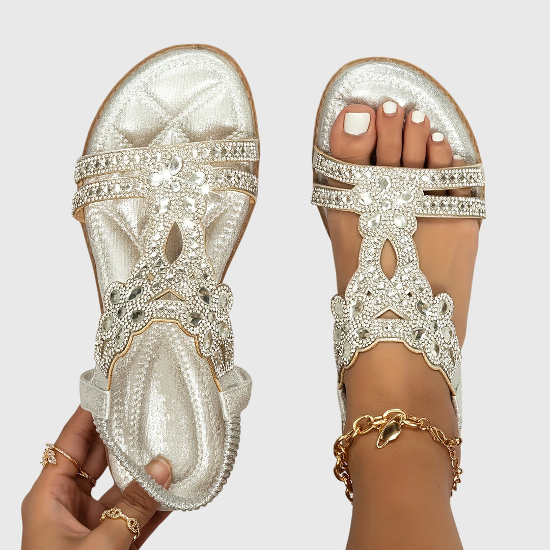Decorative stone orthopedic women's sandals, back strap for secure, comfortable fit.