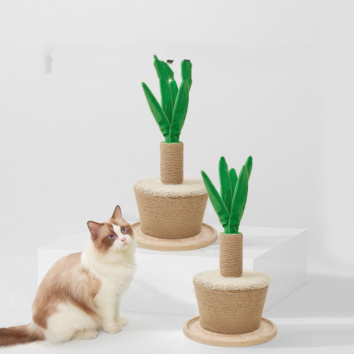 Durable sisal cat scratching post shaped like a green plant, offering satisfying claw care & enriching pet furniture.