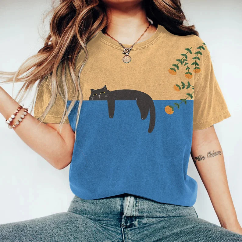 Women's two-tone graphic t-shirt featuring a unique cat design. Casual, comfortable, and stylish for everyday wear.