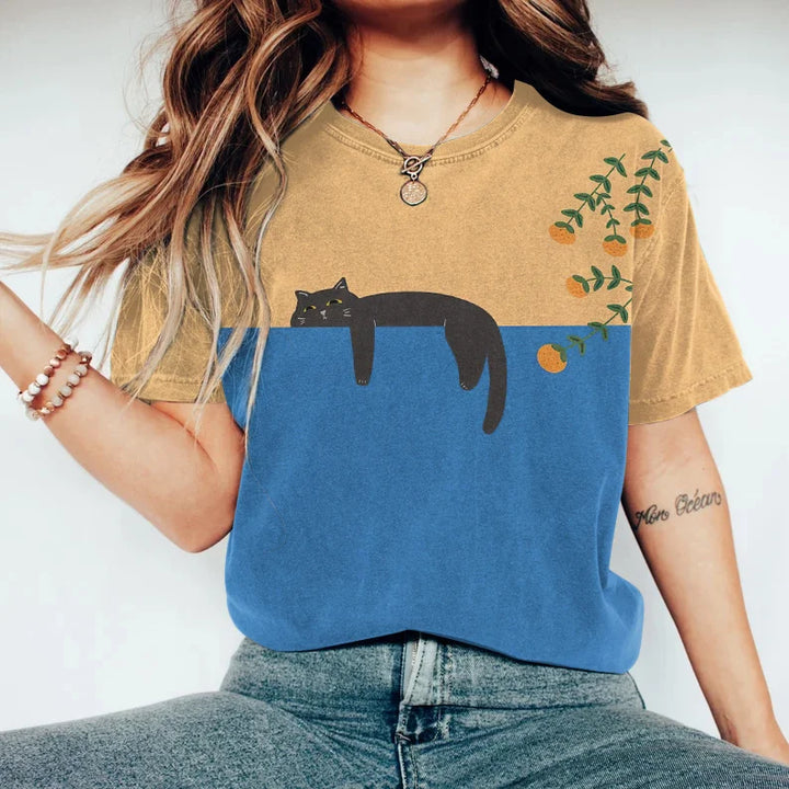 Women's two-tone graphic t-shirt featuring a unique cat design. Casual, comfortable, and stylish for everyday wear.