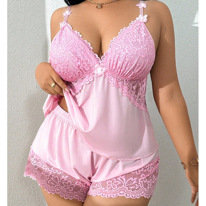 Comfortable women's sleepwear set with delicate lace trim shorts.