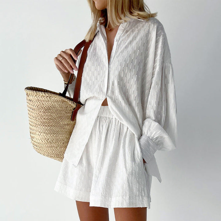 Women's casual broderie summer short set with oversized shirt & matching shorts, front view.