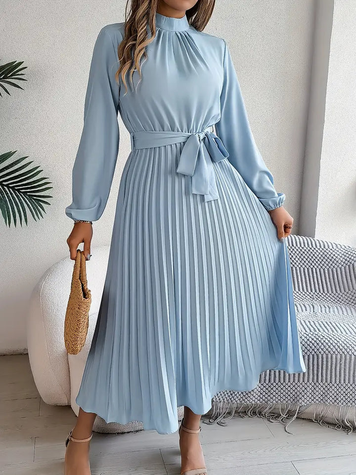 Women's elegant long-sleeve belted midi dress, perfect for work or events.