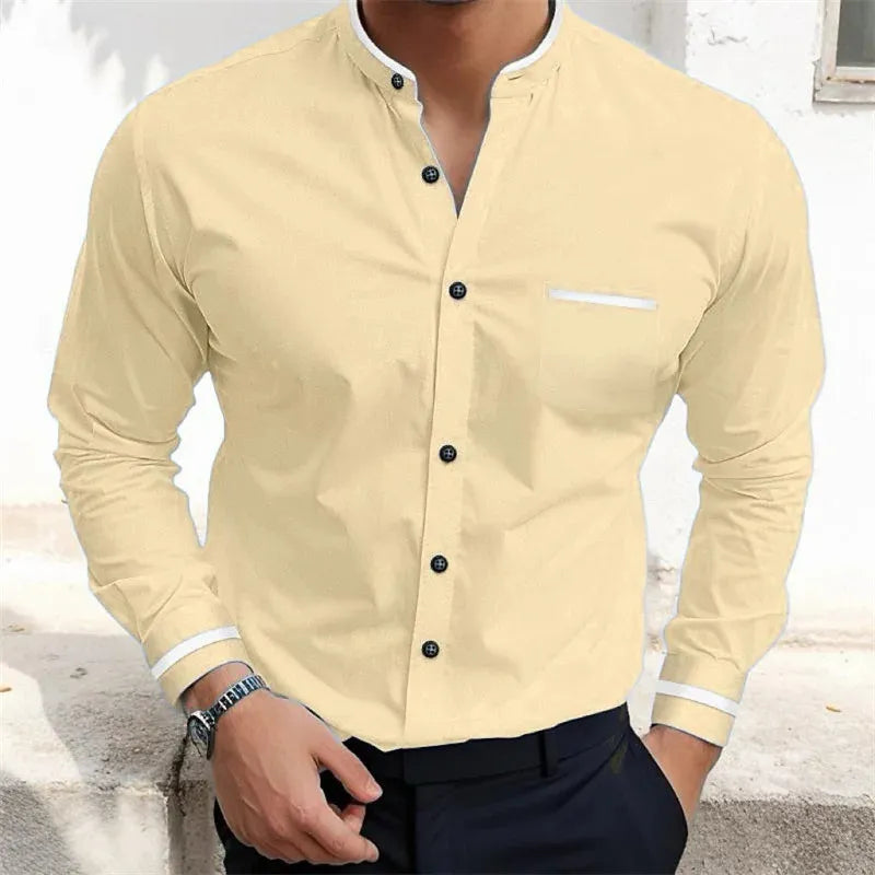 Stylish men's long-sleeve Grandad collar shirt, perfect for smart casual or business casual occasions.
