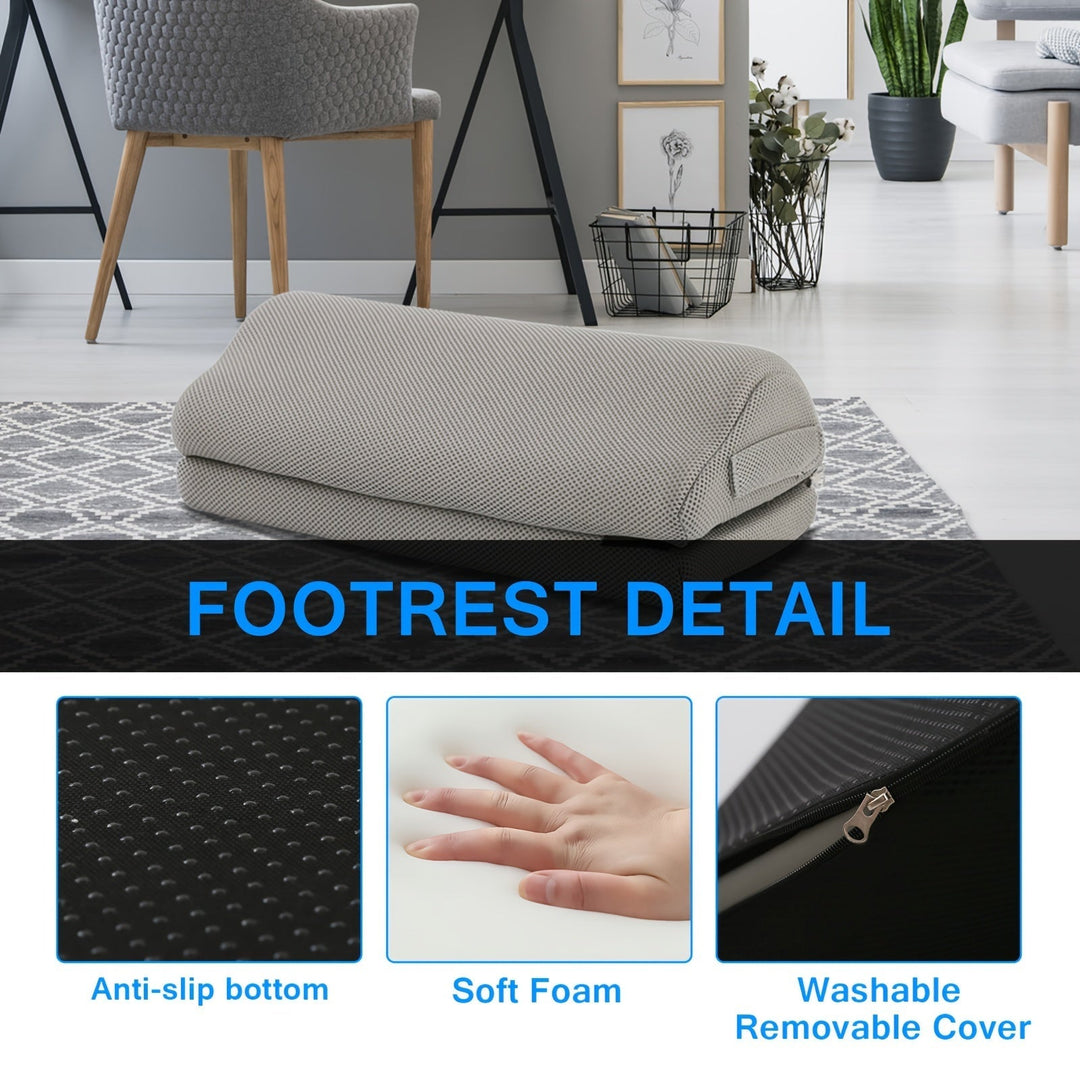 Adjustable ergonomic footrest with non-slip base, perfect for desk work & ultimate relaxation.