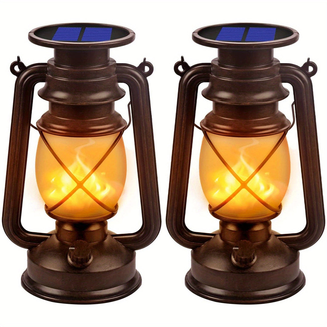 Elegant vintage design solar lantern set with warm LED dancing flames, perfect for garden and landscape lighting.