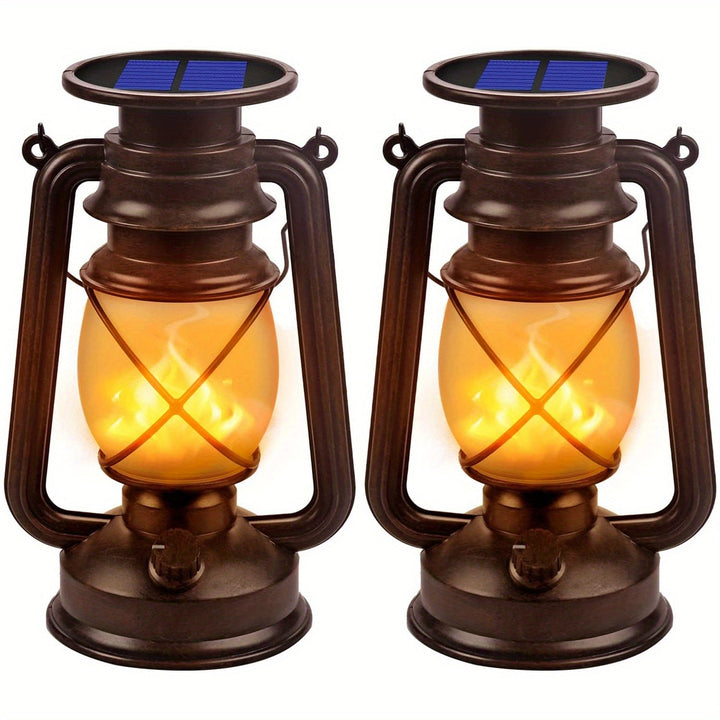 Elegant vintage design solar lantern set with warm LED dancing flames, perfect for garden and landscape lighting.