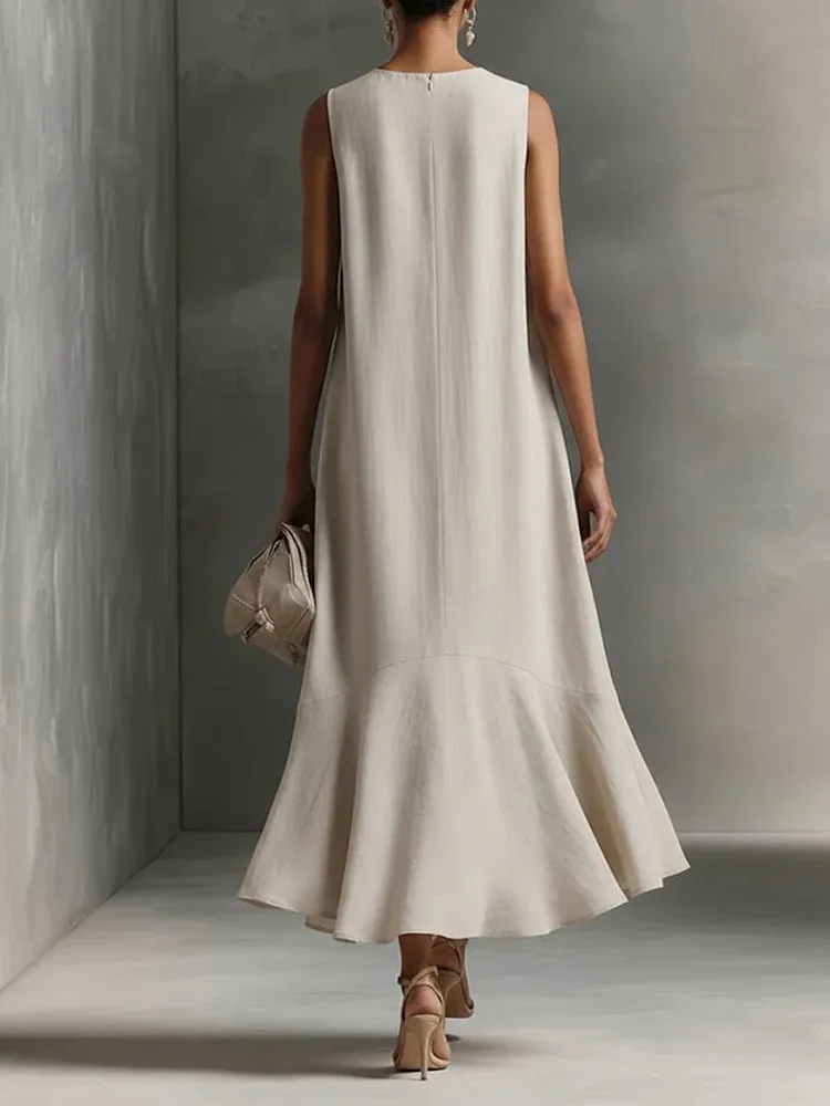 Women's summer V-neck sleeveless flowing maxi dress, perfect for elegant casual wear.