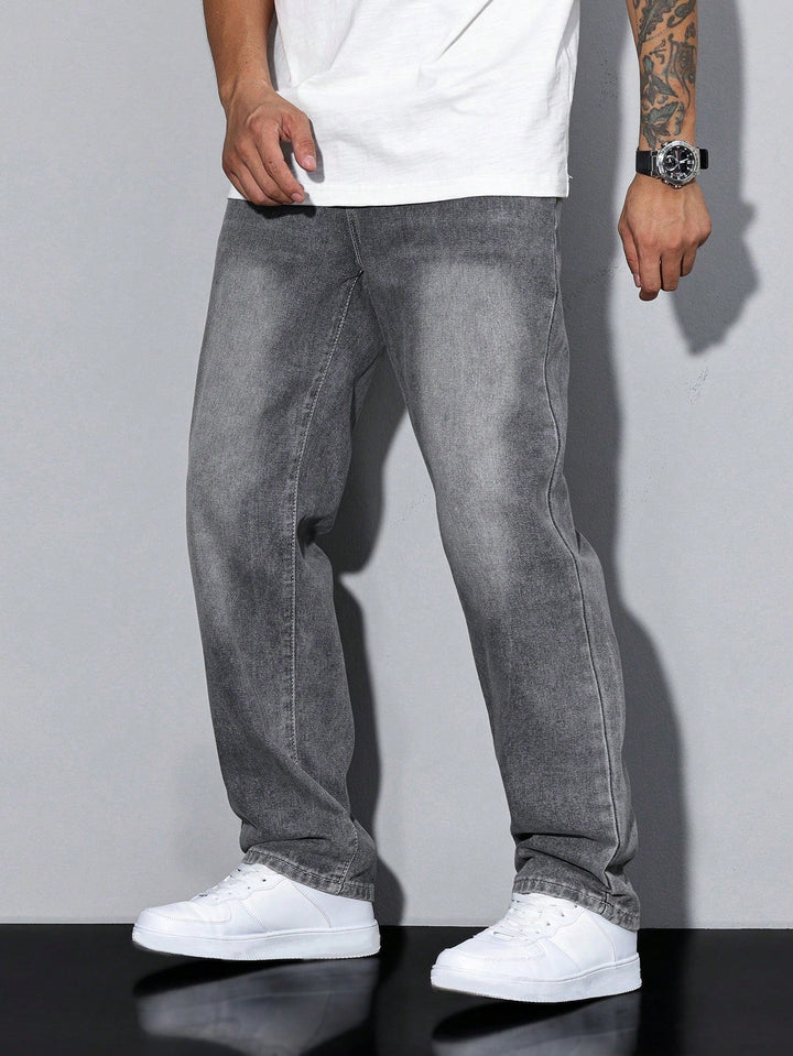 Side profile of men's washed straight leg jeans, versatile for men's casual fashion.