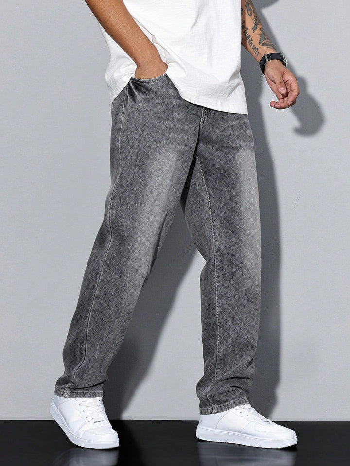 Front view of men's casual washed straight leg jeans, perfect for relaxed style and comfort.