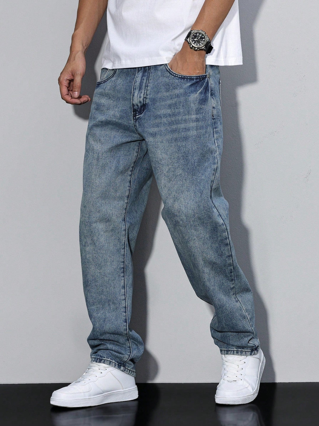 Comfortable men's straight leg denim jeans with a casual washed look for daily outfits.