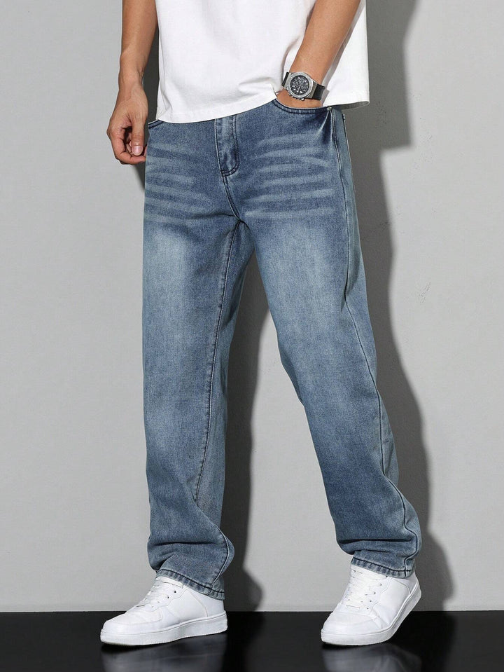 Detail of a pocket on men's washed straight leg jeans, enhancing casual appeal and functionality.