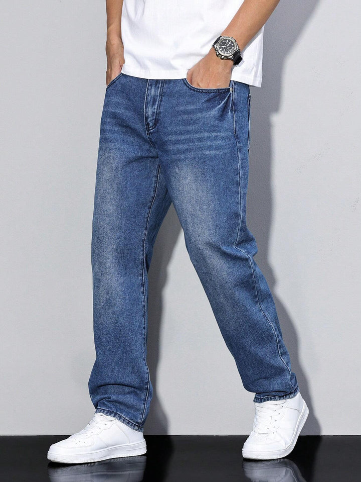 Men's casual pants: washed straight leg denim jeans, designed for comfort and ease.
