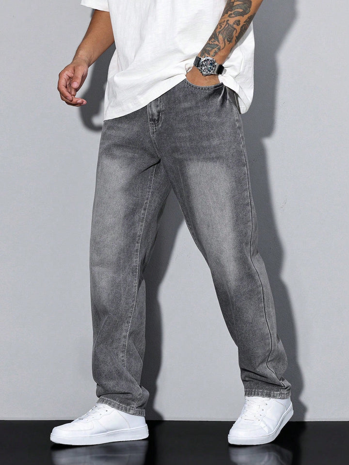 Men's washed straight leg denim jeans, loose fit for casual comfort and everyday wear.