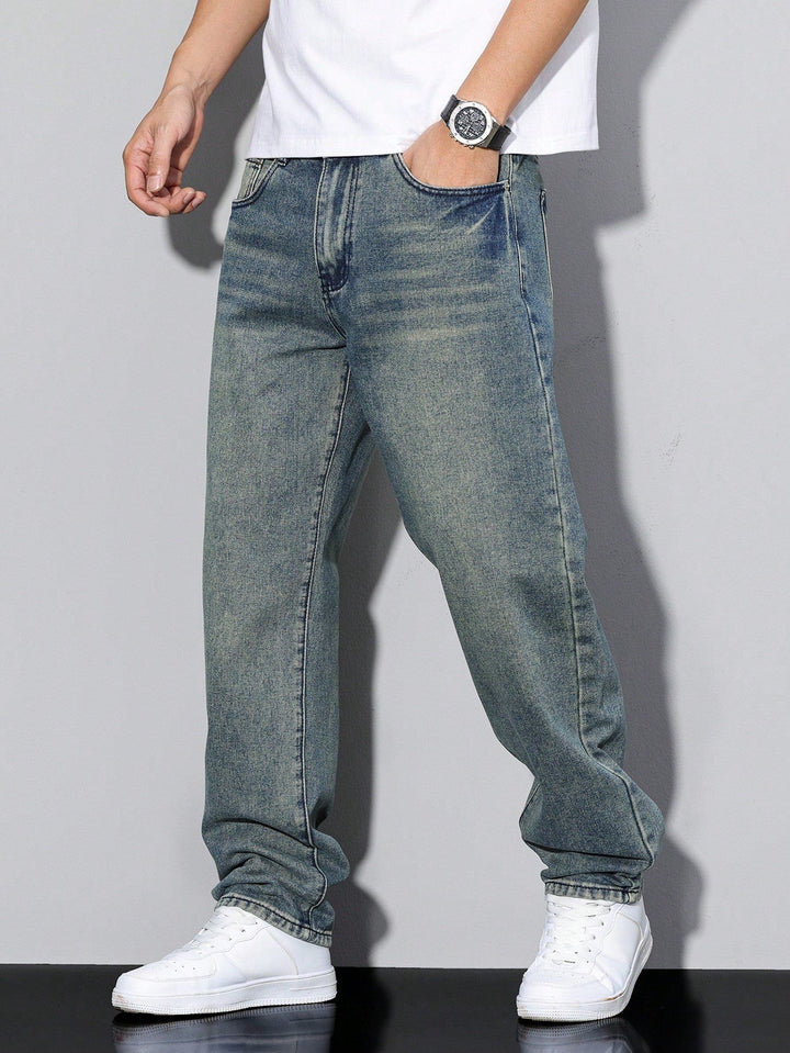 Men's fashion: loose fit washed straight leg jeans, ideal for casual comfort and style.