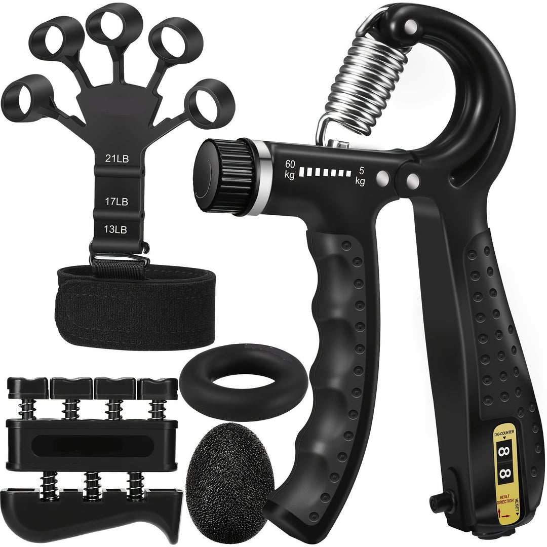 PowerGrip 5-in-1 hand trainer set for grip strength, forearm development, and finger exercise. Ideal for fitness workouts.