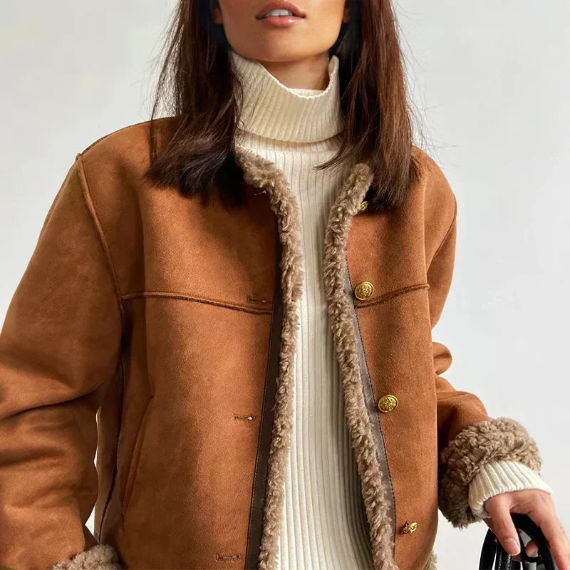 Chic women's Lila faux shearling jacket. Elegant & warm winter coat with button-down style.
