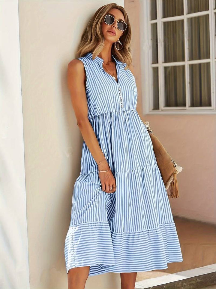 Stylish women's sleeveless striped midi dress with functional button-down front, ideal for spring & summer.