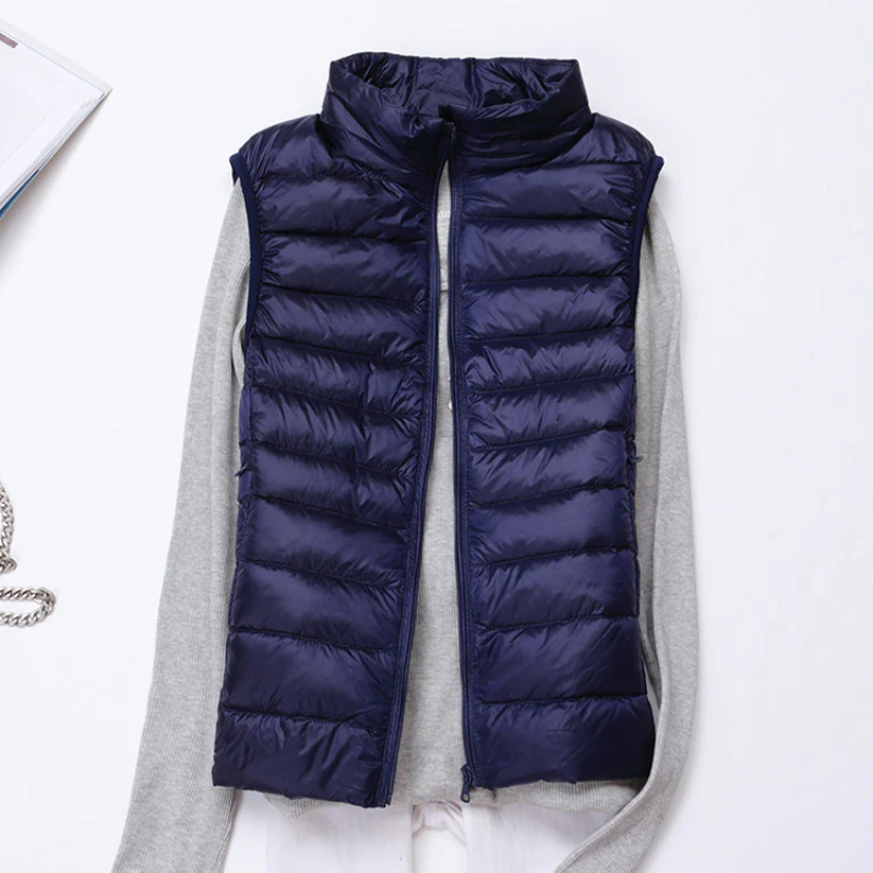 Modern women's chic vest, quilted and sleeveless, for comfortable outerwear.