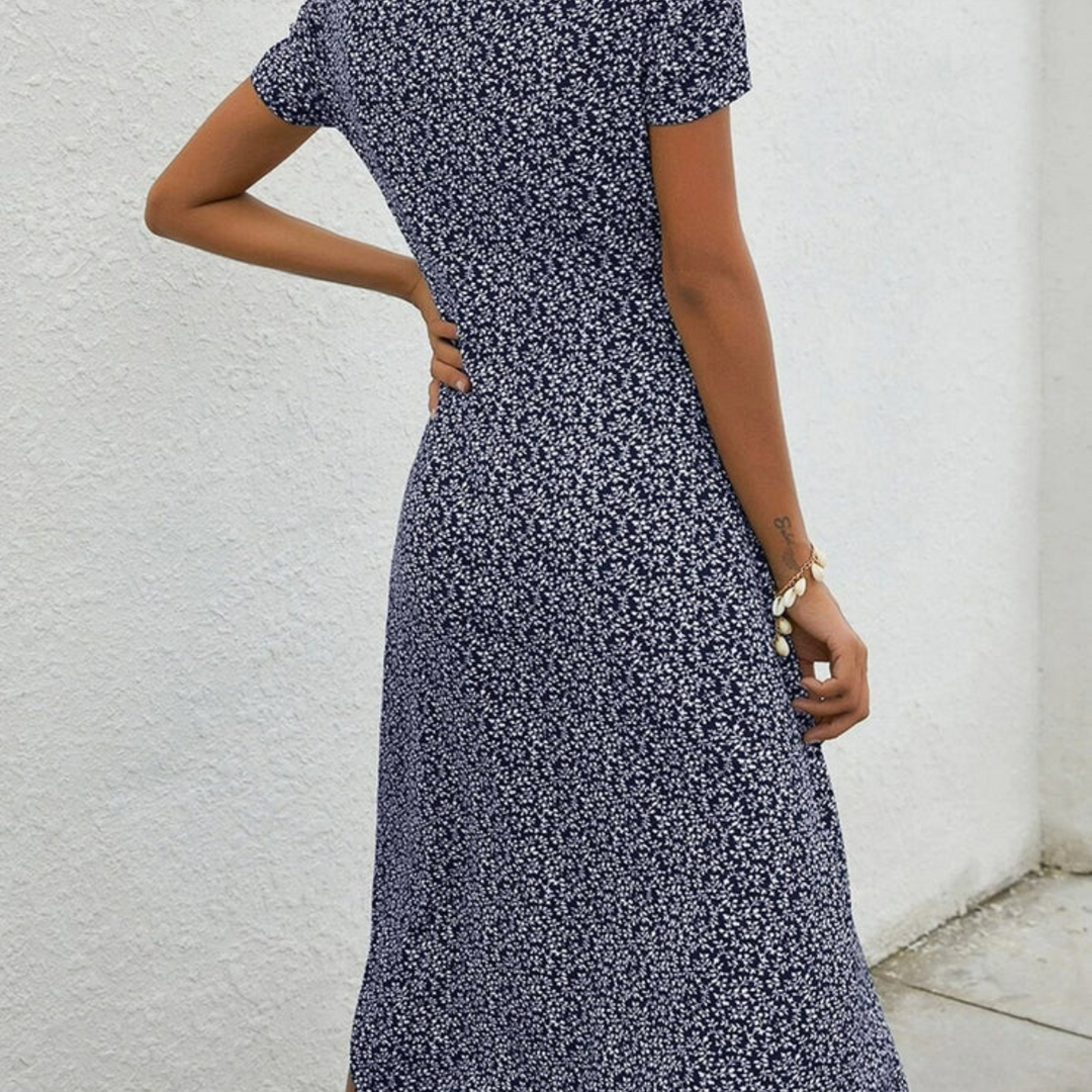 Women's navy blue airy flowy midi summer dress. Elegant & comfortable for everyday wear or vacation.