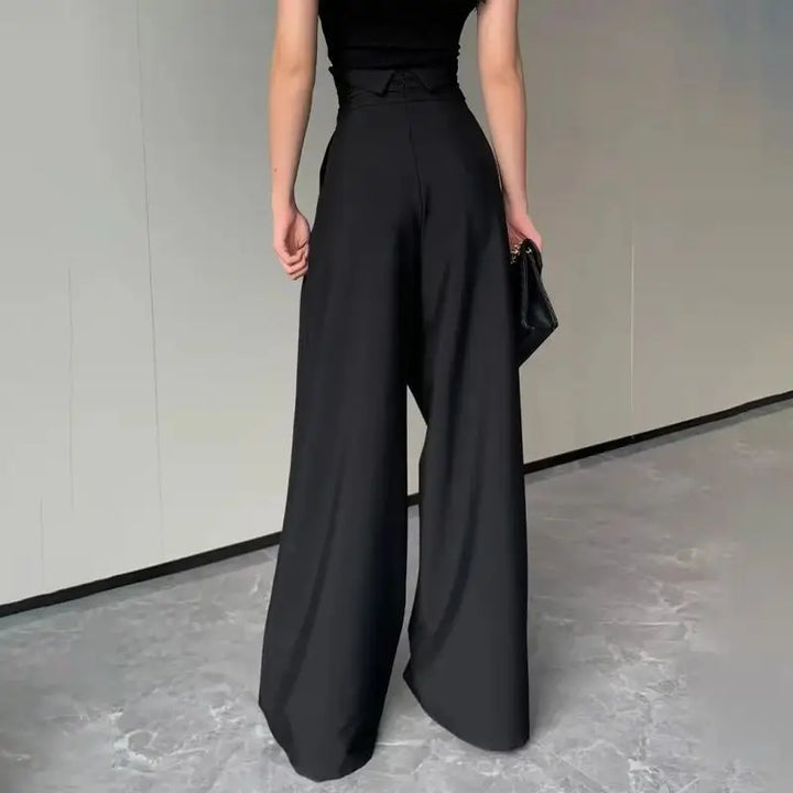 Comfortable women's wide-leg trousers, high-waisted design with crossed band for spring, summer, autumn wear.