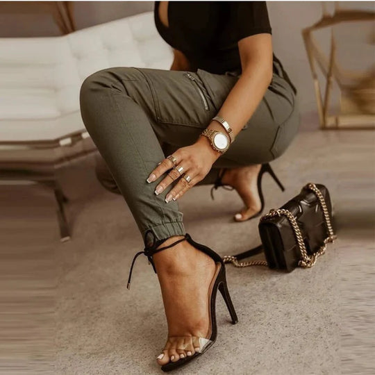 Trendy women's cargo pants, utility style, comfortable relaxed fit jeans for modern streetwear fashion.