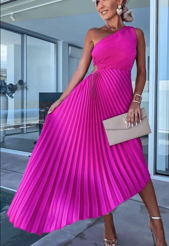 Beautifully pleated one-shoulder maxi gown for women, an elegant choice for any formal evening party.