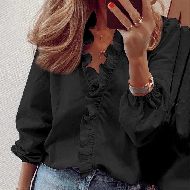 Chic solid color ruffled long sleeve blouse for women, an elegant and versatile top.