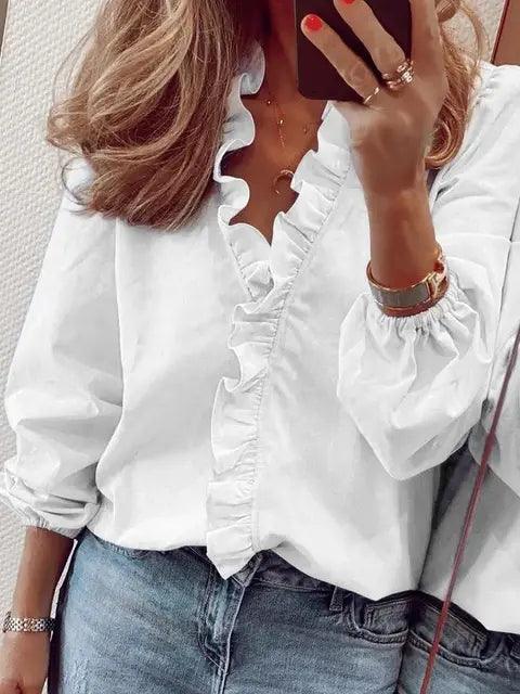Stylish women's long sleeve ruffled blouse, ideal for business casual or sophisticated looks.
